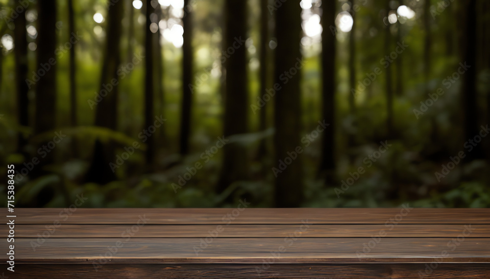 Dark wood table top (Bar) with blur background on tree in tropical forest with bokeh light at background Dark wood table top (Bar) with blur background on tree in tropical forest with bokeh light at background
