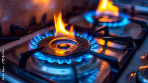Blue flames from a gas stove burner in a dark kitchen. 