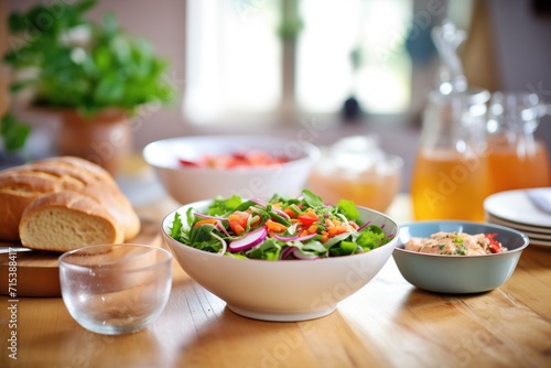 bread alongside a bowl of fresh salad ingredients photo