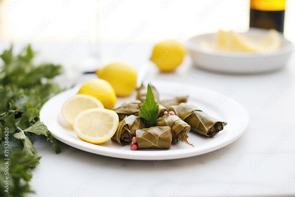 close-up of stuffed vine leaves on white plate, lemon slices on side
