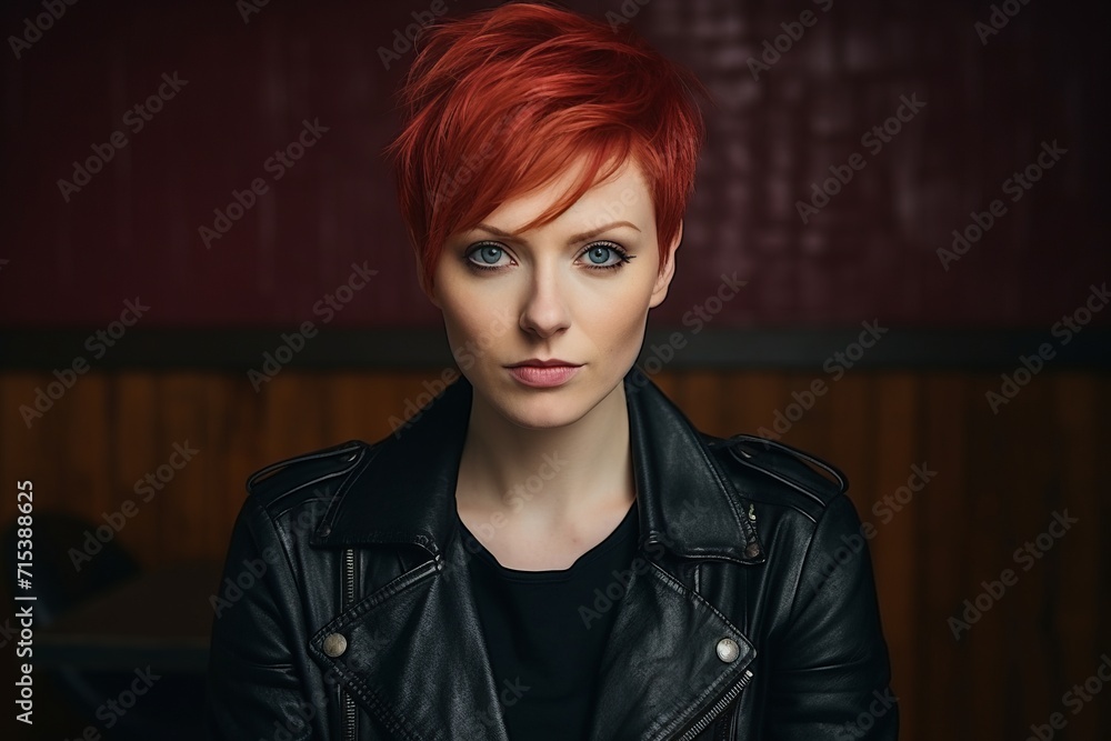 Portrait of beautiful young woman with red hair in a leather jacket Portrait of beautiful young woman with red hair in a leather jacket