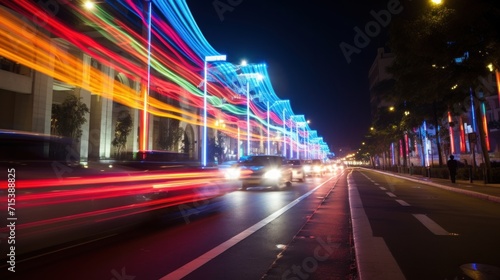  a blurry photo of a city street at night with cars driving down the street and brightly colored lights on the buildings.