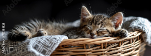 a little cat is sleeping in a basket. Close-up photo
