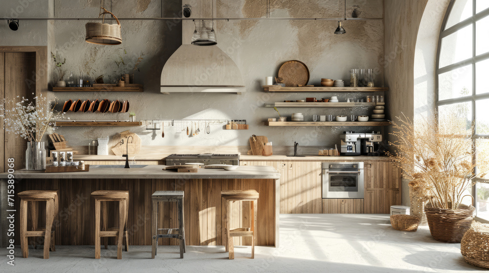 Home mockup, nomadic boho kitchen interior with rustic decor. Generative Ai
