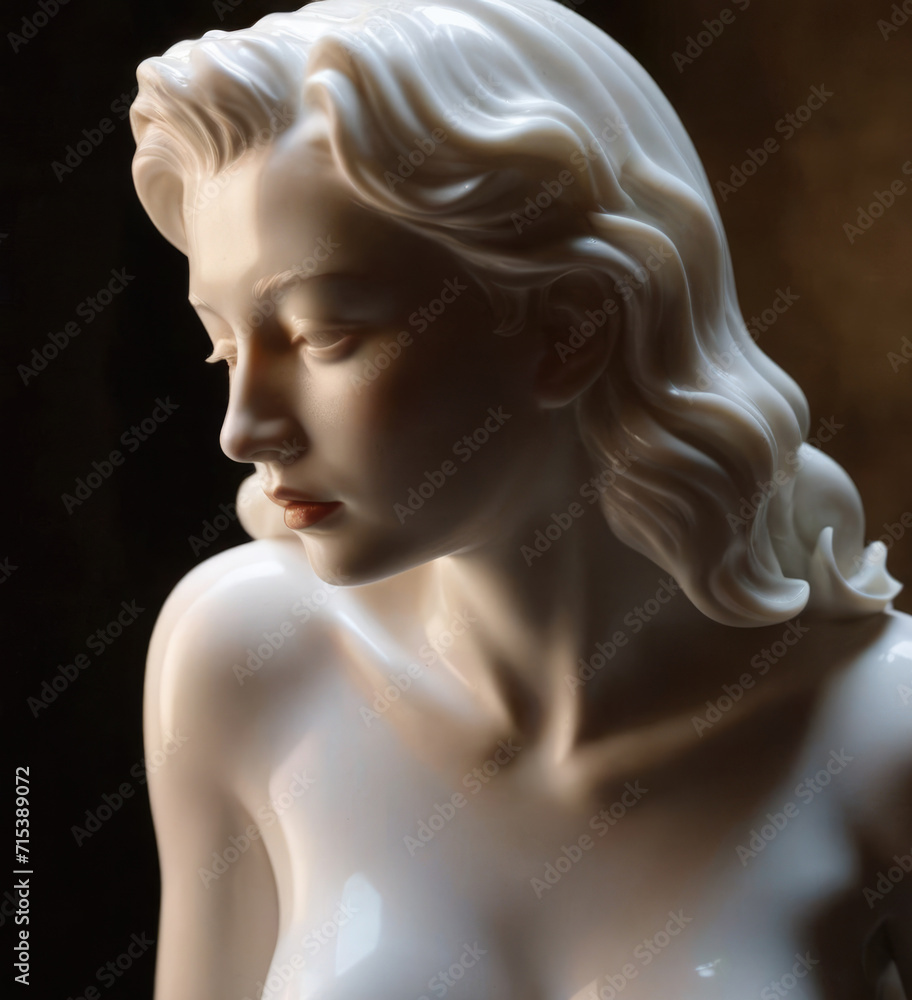 Porcelain statuette of a woman up close.