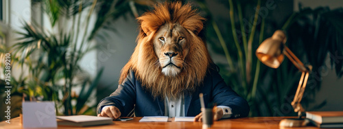 Fotografia concept of a lion in a suit at a desk in the office