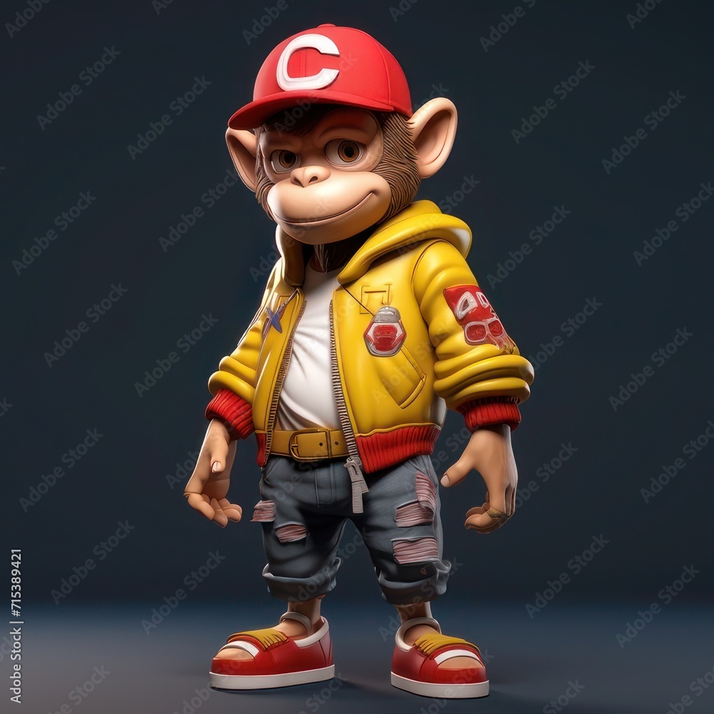 a monkey wearing a yellow jacket and red hat a monkey wearing a yellow jacket and red hat