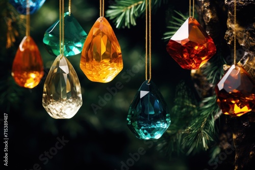  a bunch of different colored glass ornaments hanging from a christmas tree with a pine tree in the backround.
