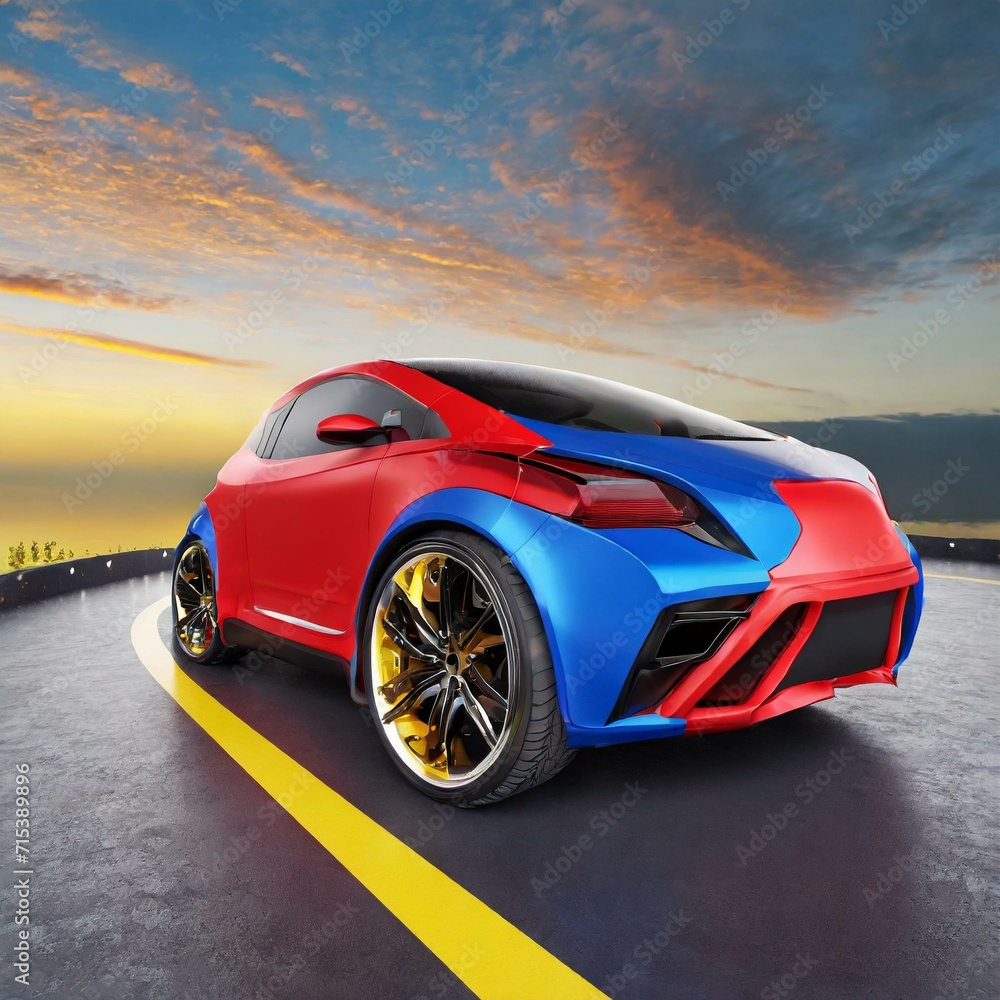Naklejka premium Modern electric car in red, blue, yellow and black 