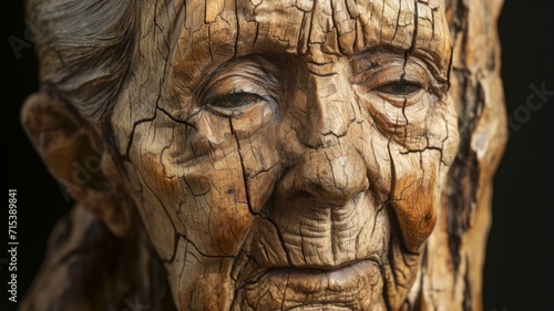 Portrait of an elderly woman carved from wood. Wooden sculpture of a man with many age cracks in the wood