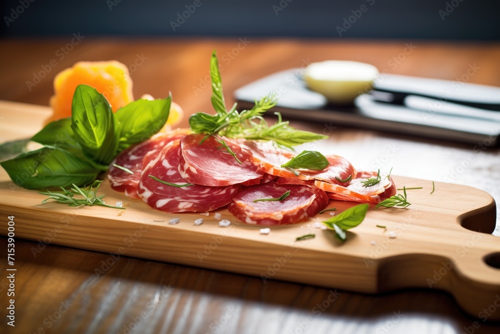 salami meat board with melon slices and mint leaves salami meat board with melon slices and mint leaves