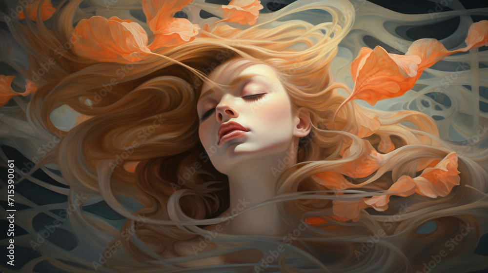 A painting of a whisper sleep woman with orange white hair shade art portrait drawing sketch A painting of a whisper sleep woman with orange white hair shade art portrait drawing sketch