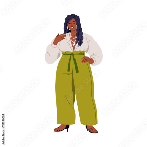 Modern black woman in fashion stylish apparel. Happy smiling fat body-positive plus-size girl in clothes, outfit in trendy style. Flat graphic vector illustration isolated on white background
