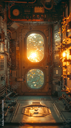 White spaceship interior with large window. Futuristic spacecraft with glowing blue and red control panels and empty view. AI Generative
