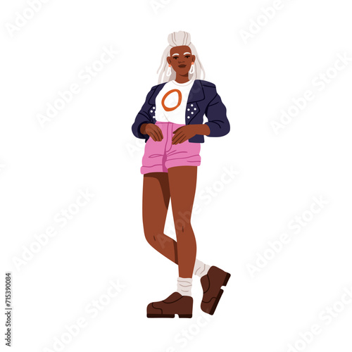 Young black woman in fashion apparel, trendy clothes. Girl posing in summer outfit in modern style. African-American female with dyed hair. Flat vector illustration isolated on white background