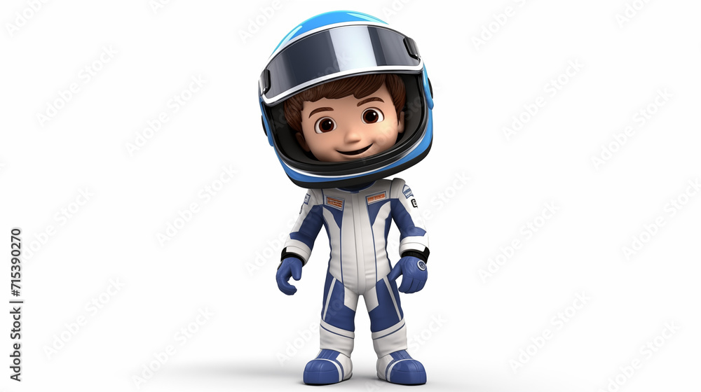 3D cartoon Boy wearing blue and white racing suite and helmet  isolated in white background