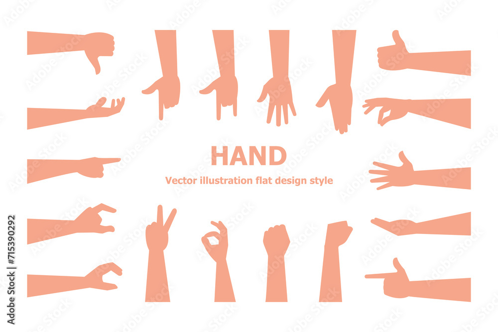 SET of hand gestures isolated over the white background. Various gestures of hands. Vector illustration flat design style - obrazy, fototapety, plakaty 