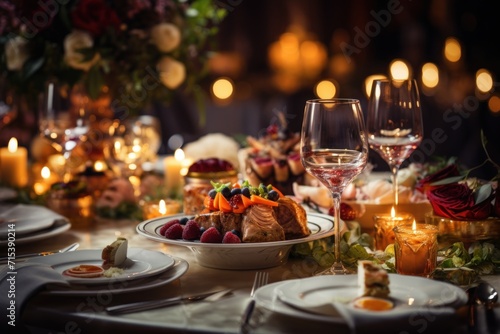  a close up of a plate of food on a table with candles and plates of food on the side of the table.