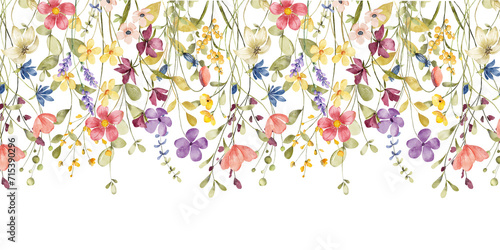 Floral border, drop, banner with flowers, leaves. Watercolor wildflowers background.