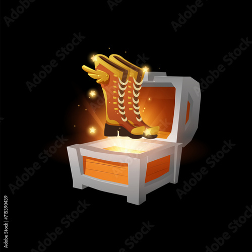Cartoon open wooden chest and west boots with wings, award ancient box with vintage leather shoes, vector game achieve