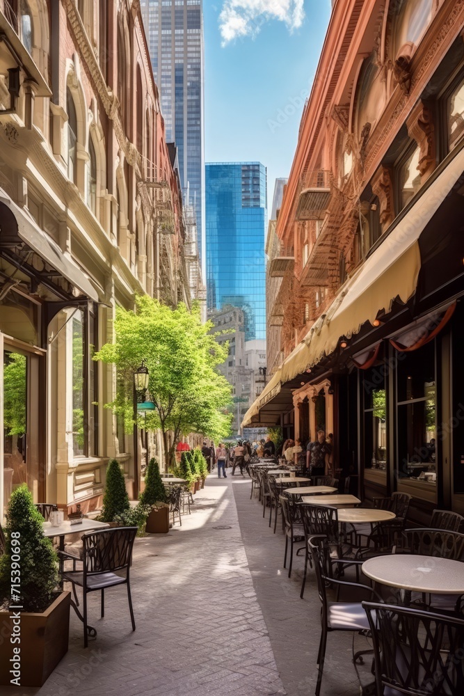 Cosmopolitan street in the financial district lined with cafes and shops, Generative AI