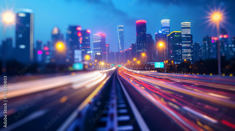 Blurred urban traffic road with cityscape in background China
