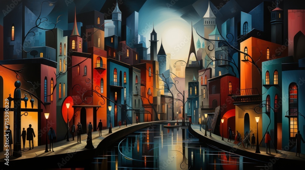  a painting of a city at night with people walking on the street and buildings on the other side of the river.