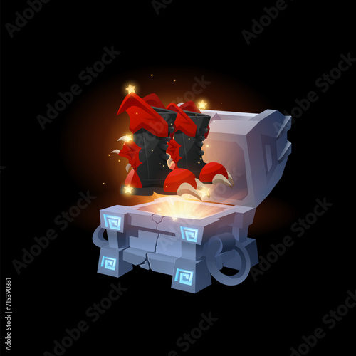 Cartoon open stone chest and black boots with red wings and claws, award rock box with dragon shoes vector game achieve