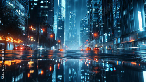 3D Rendering of modern skyscraper buildings in large city at night with reflection on wet puddle street after raining. 