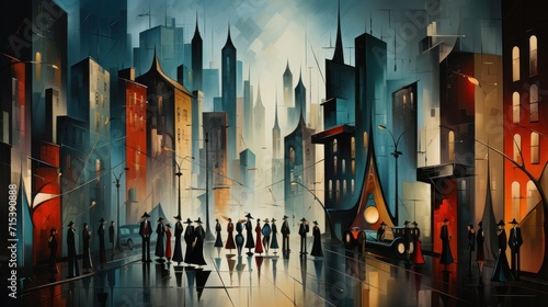  a painting of a group of people standing in front of a city with tall buildings and a street light at night.