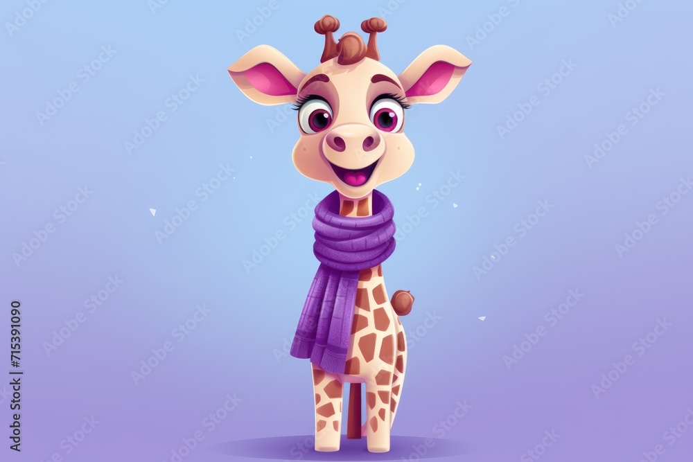  a cartoon giraffe with a purple scarf around it's neck and a purple scarf around its neck.