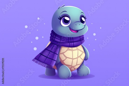  a turtle wearing a scarf and a scarf around it s neck  with eyes wide open  sitting on a purple background.