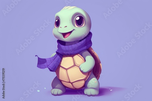  a cartoon turtle wearing a purple scarf and a purple scarf around it's neck, sitting on a purple surface.