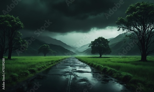 Dark and green landscape embodying elements of psychology and manipulation,
