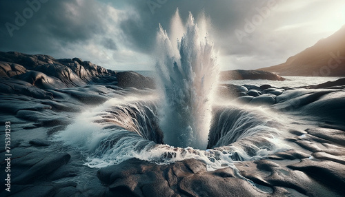 A blowhole is shown erupting with water - Generative AI photo