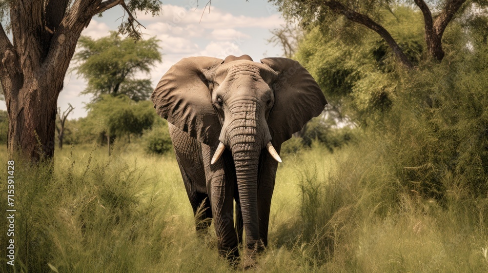  an elephant is walking through tall grass in the wild with trees in the background and a blue sky with clouds in the background.