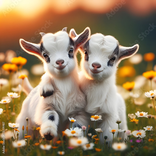 Two little funny baby goats playing in the field with flowers. Farm animals. Two little goat babies in summer. goats. Capra aegagrus hircus. Cute Animals. Cute Babies. photo