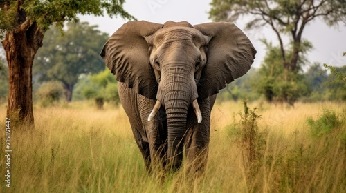  an elephant walking through a grassy field with trees in the background and a sky filled with clouds in the background.