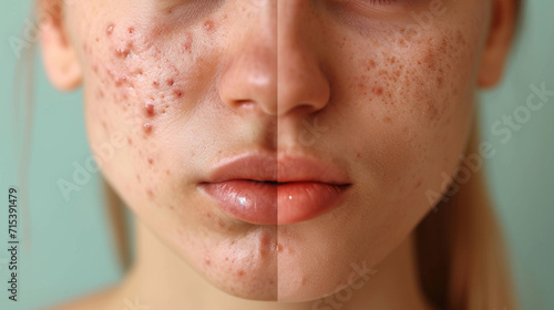 Girl skin problem, before and after, dermatology concept