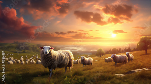 sheep in the field at sunset