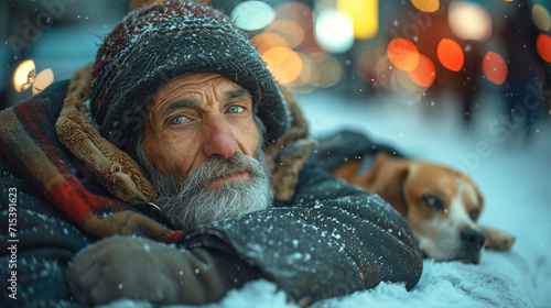 homeless man with his dog in winter photo