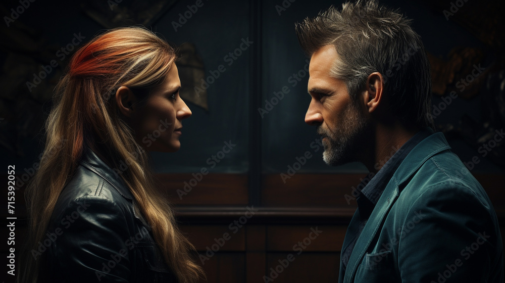 Spouses, wife and husband facing each other, arguing Spouses, wife and husband facing each other, arguing
