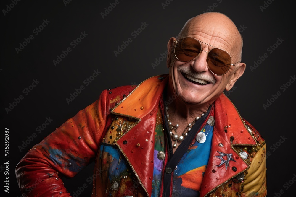 Portrait of a happy senior man in a colorful jacket and sunglasses. Portrait of a happy senior man in a colorful jacket and sunglasses.