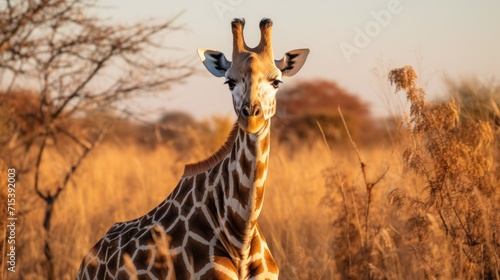  a close up of a giraffe in a field of tall grass with trees and bushes in the background. © Nadia