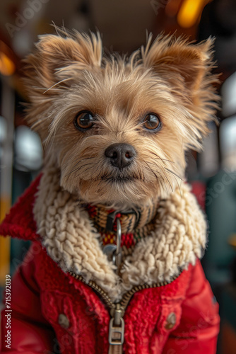 Beautiful dog dressed in knitted woolen clothes generative ai photo