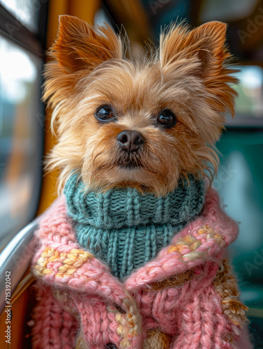 Beautiful dog dressed in knitted woolen clothes generative ai photo