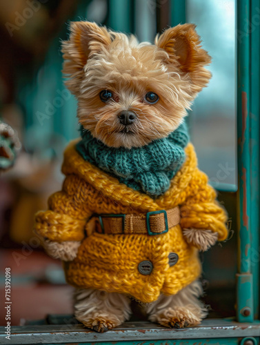 Beautiful dog dressed in knitted woolen clothes generative ai photo