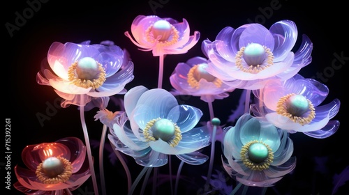  a close up of a bunch of flowers on a black background with a light in the middle of the petals.