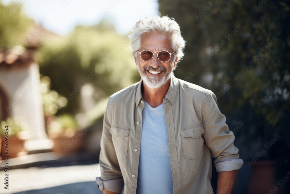 Portrait of a smiling senior man in sunglasses standing in the street Portrait of a smiling senior man in sunglasses standing in the street