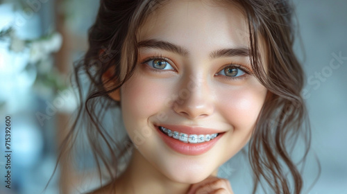Beautiful smiling young woman wearing dental braces. Stomatology, dentistry photo